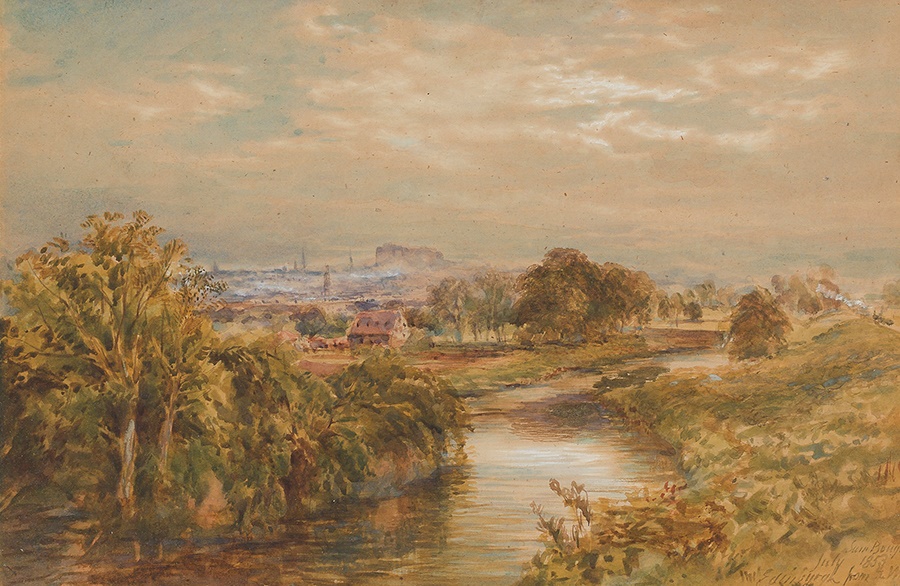 LOT 93 | SAM BOUGH R.S.A, R.S.W. (SCOTTISH 1822-1878) | EDINBURGH FROM THE WATER OF LEITH Signed, inscribed and dated 'July 1853', watercolour | 23cm x 36cm (9in x 14in) | £500 - £800